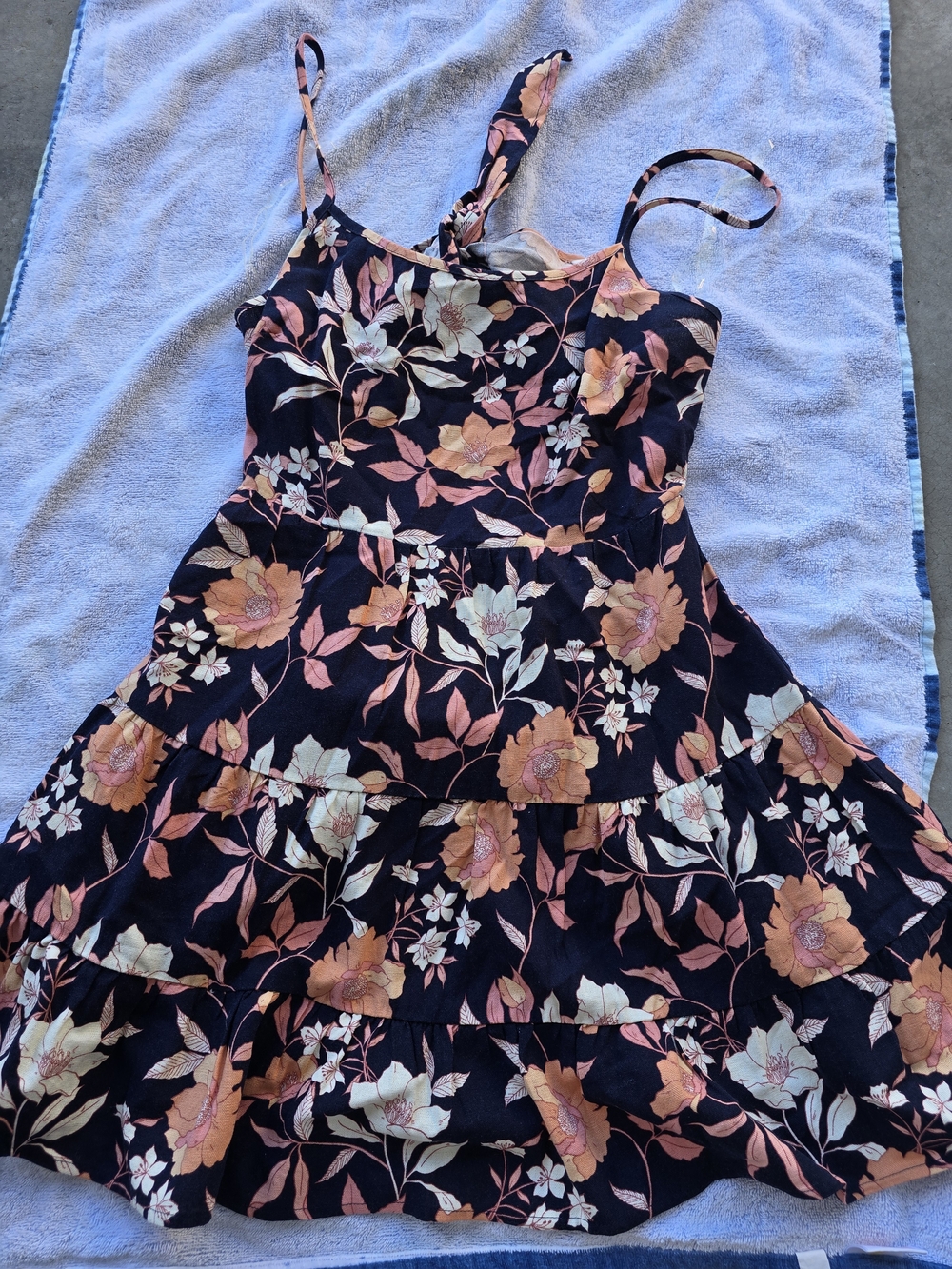 Navy Floral Tiered Sundress with Peach & Cream Blooms